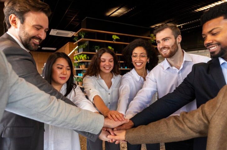 equipe de vendas fazendo dinâmicas de vendas